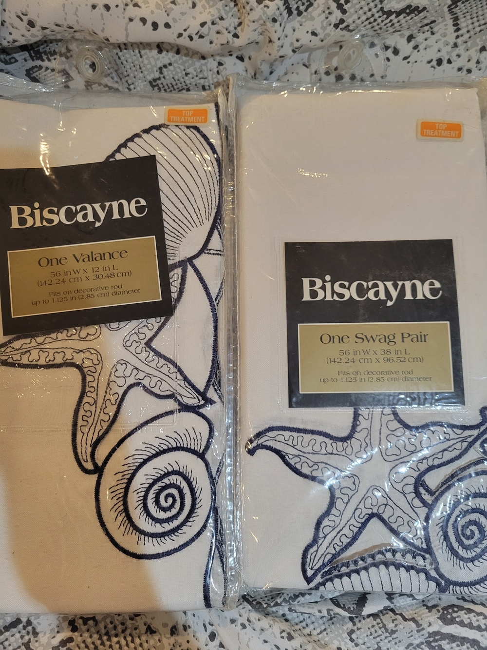 Biscayne White Valance & Swag Pair with Navy Embroidery